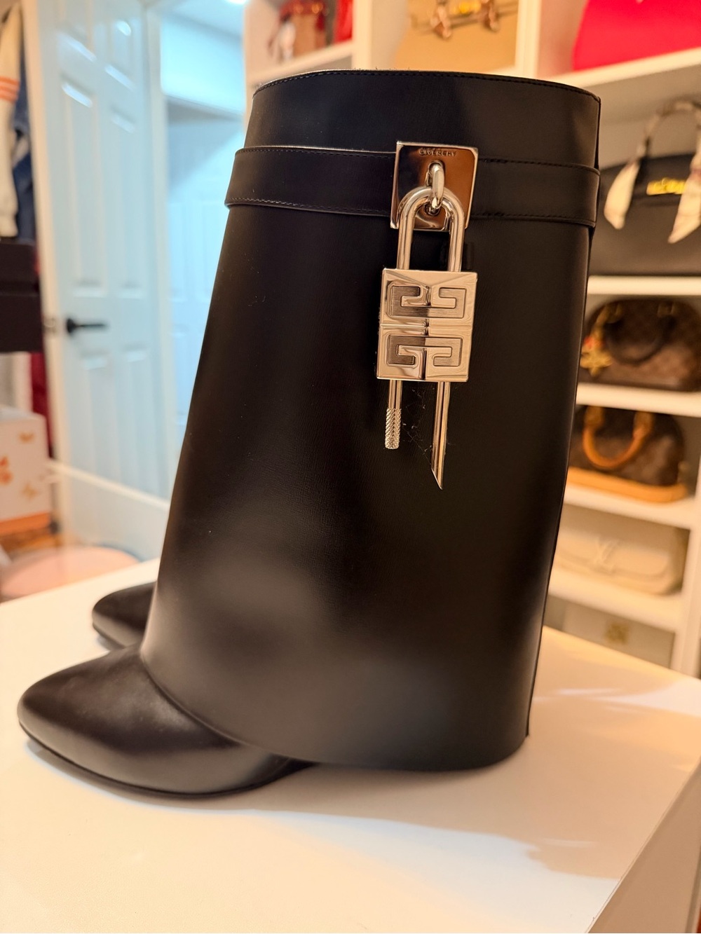 Givenchy Black Leather Mid-Calf Boots with Silver Padlock Charm